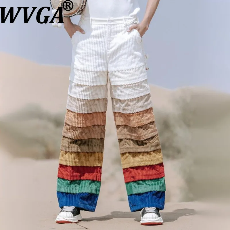 

WVGA весна осень новые мужские приливы ретро Радуга лоскутное модное вельветовое свободные широкие брюки нишевая шикарная повседневная уличная одежда W17494