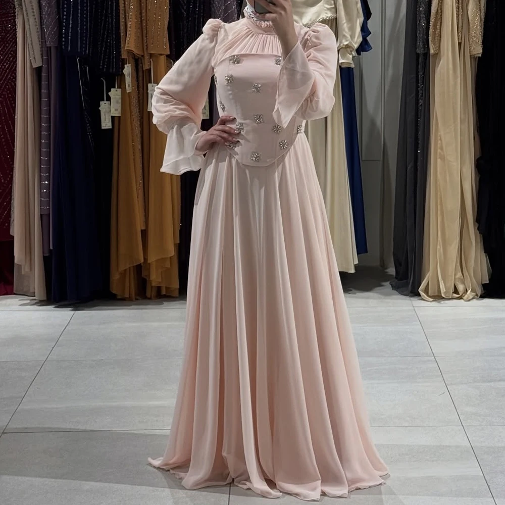 

Customized A-line Evening Dresses Floor-length High-neck Full Sleeve Prom Gown Fashion Crystal Simple Draped Party Gown