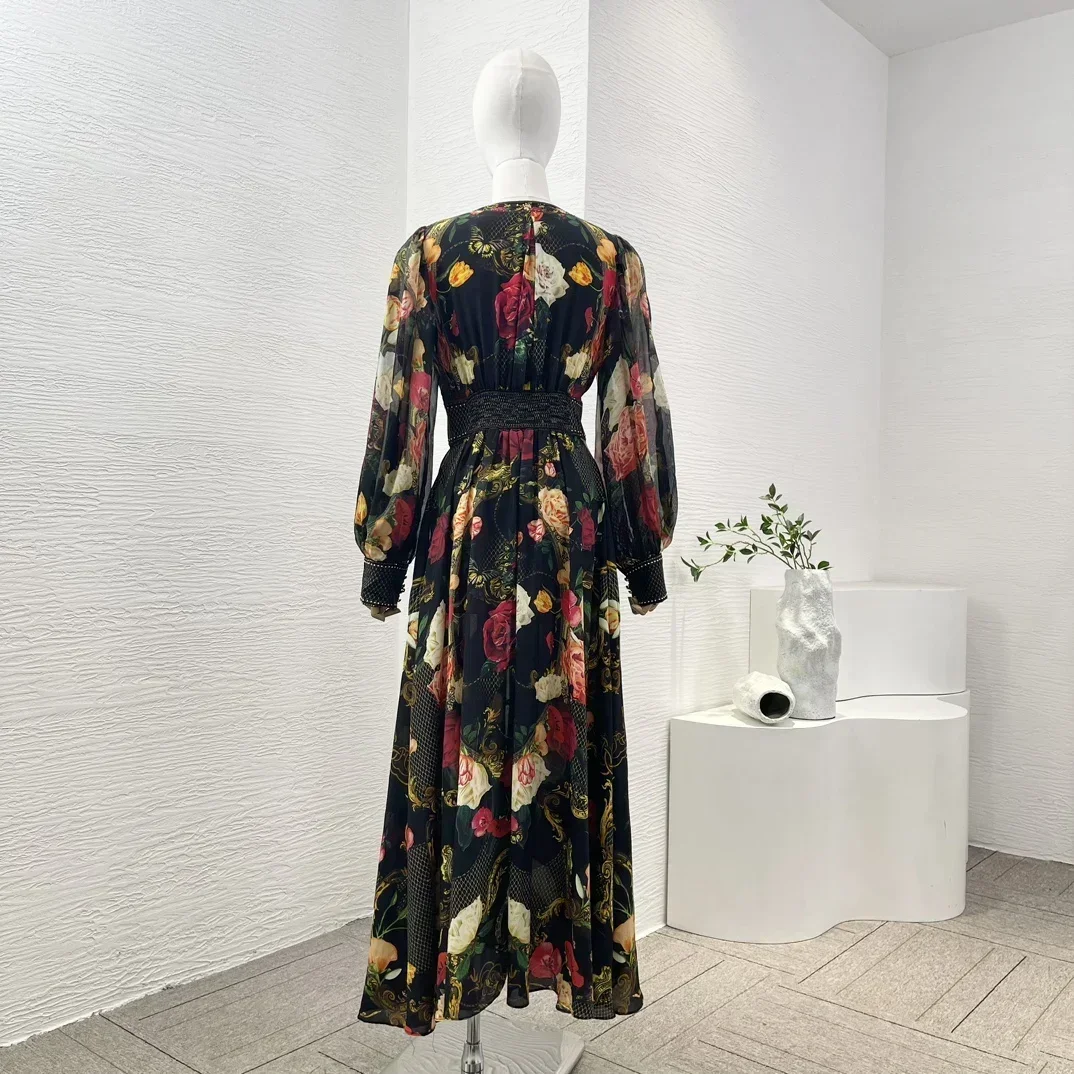 Black Summer Holiday 2024 New High Quality Pure Silk Flower Print Full Sleeve Deep V-neck Diamonds Shirred Women Midi Dress