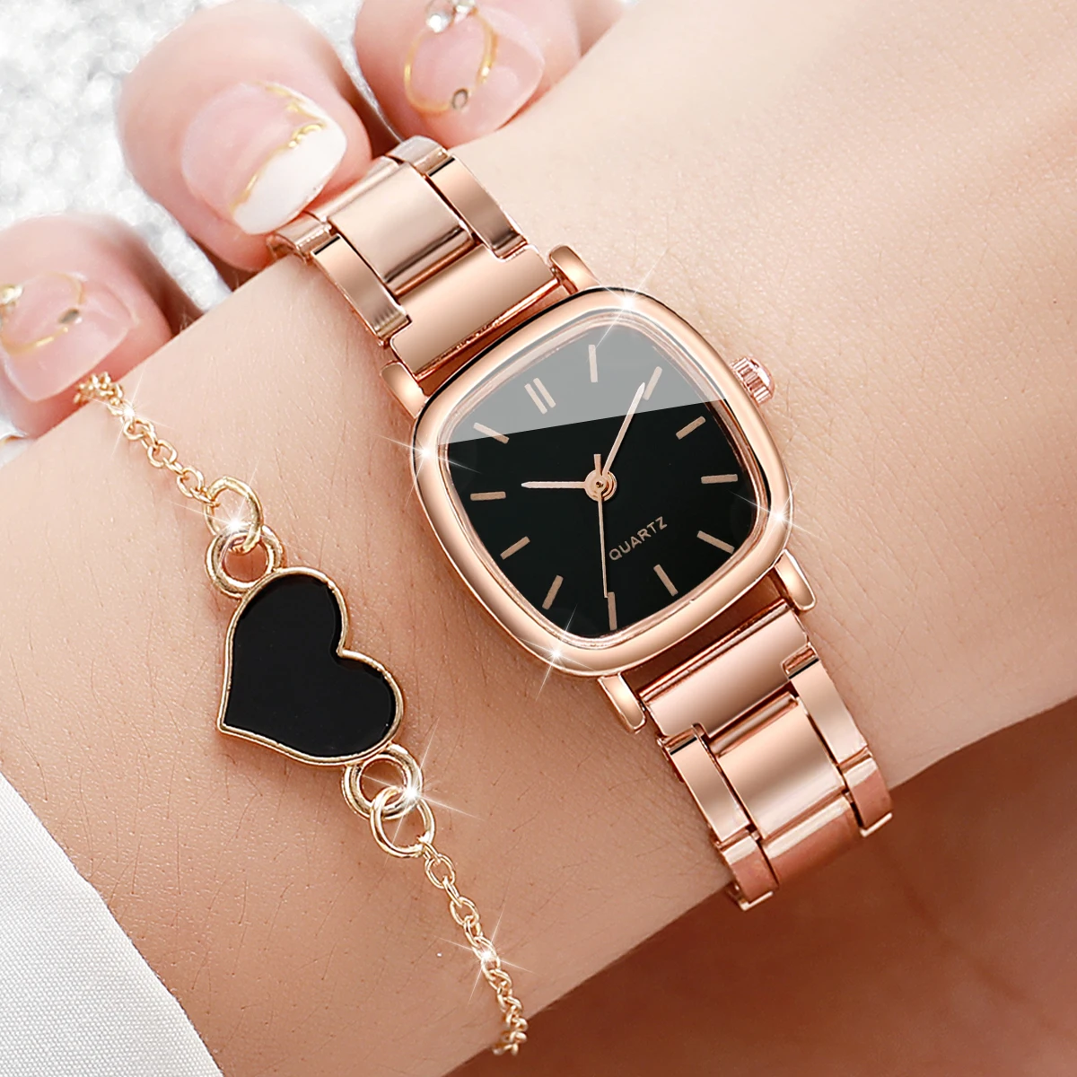 2PCS/Set Women\'s Watch Fashion Square Stainless Steel Band Quartz Watches Heart Bracelet Set