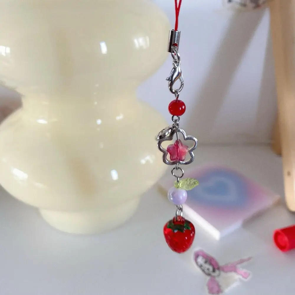 Cute Strawberry Mobile Phone Strap Beaded Fruits Mobile Phone Key Chain Bag Pendant Y2K Phone Charm Rope