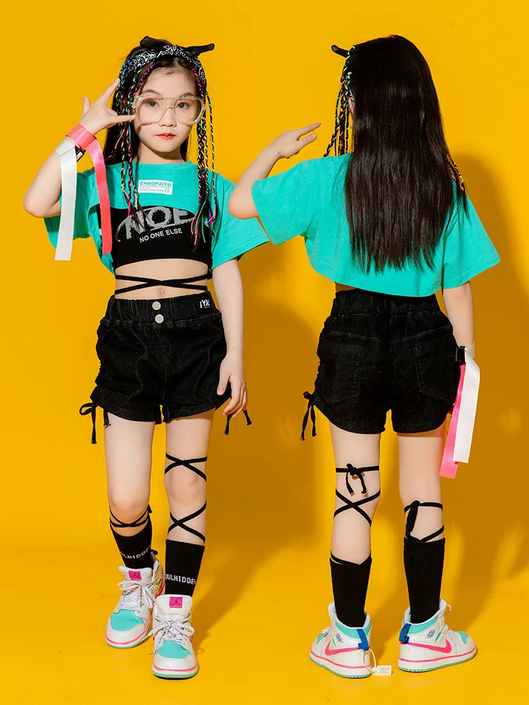 Kids Jazz Dance Dress Fashion Model Open Umbilical Suit Girl Hip Hop Dancing Costumes Teenage Streetwear Performance Outfits