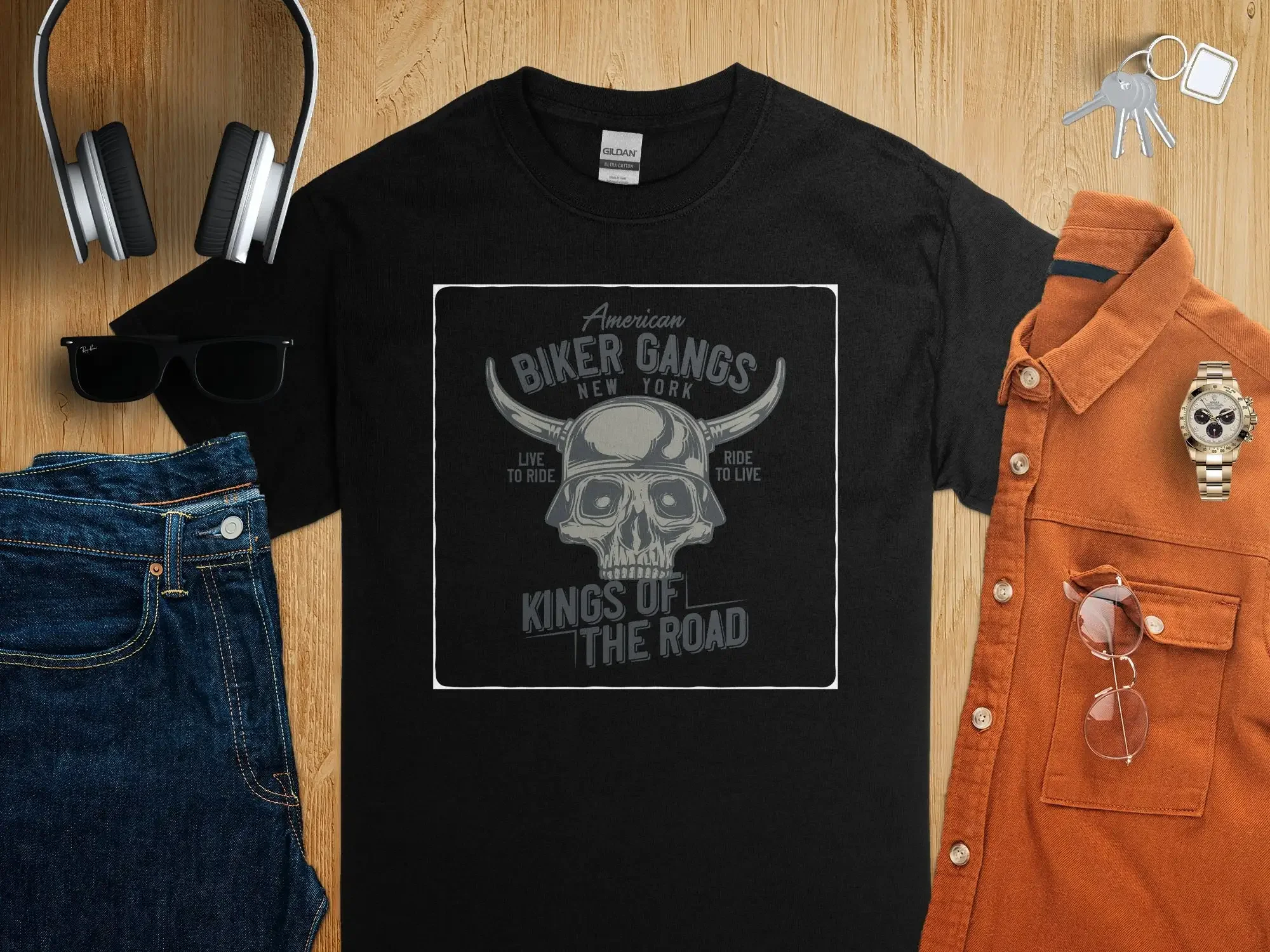 

American Biker Gangs New York T Shirt Kings of the Road Skull Motorcycle Enthusiast Cotton Apparel