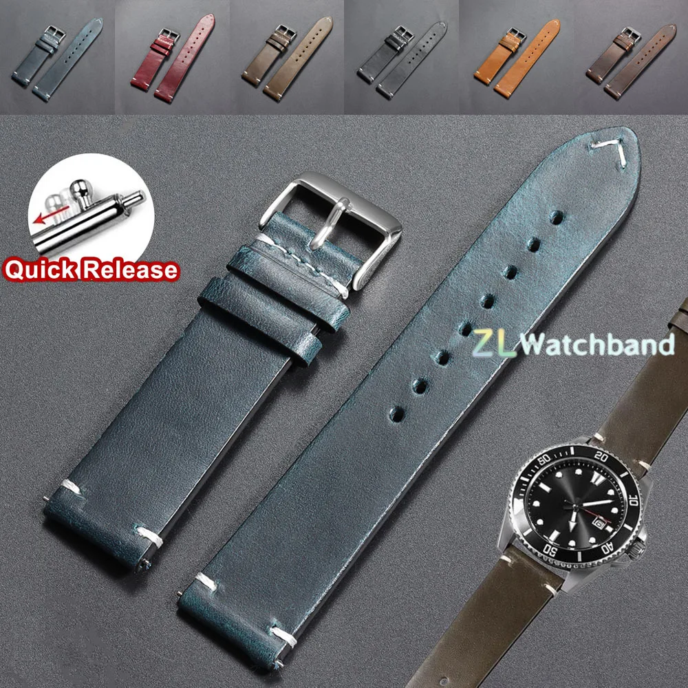 Bracelet de montre vintage en cuir huilé ciré 18mm 19mm 20mm 21mm 22mm 24mm, bracelet en cuir de vachette cousu pour Omega et Seiko