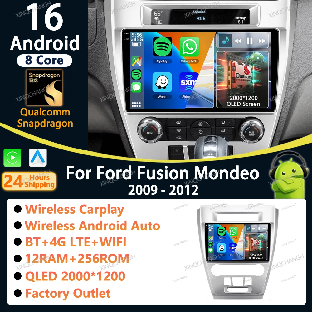 Radio para Auto con Android 16 y Carplay para Ford Fusion, Mondeo, Mustang 2009-2012, Panel de Fascia, Reproductor de Audio 2 DIN, Marco para Video Estéreo