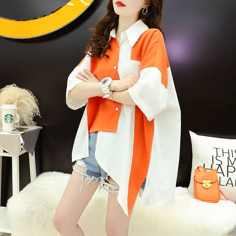 Women\'s Fashion Chic Irregular Contrast Color Shirt 2023 Summer Korean Short Sleeve Casual Button Patchwork Blouse for Female