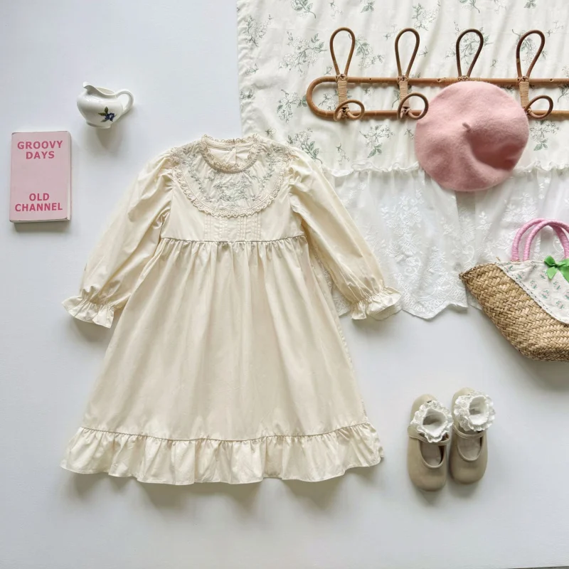 

2025Autumn Pleated Lace Trim Girls' Dress Solid Color Long Sleeve Lace Sweet Children's Dress