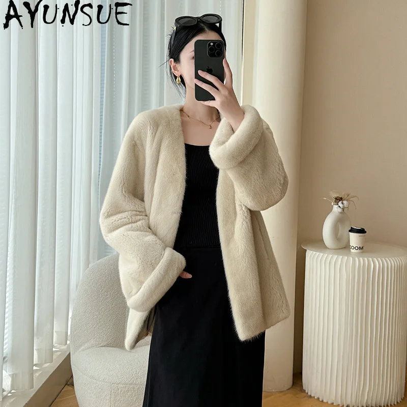 AYUNSUE Natuurlijke Nertsenbont Jas Vrouw V-hals 2025 Winter Echt Bont Jas voor Vrouw Kleding Hoge Kwaliteit Hele Nertsen Moquaба Ж Diego