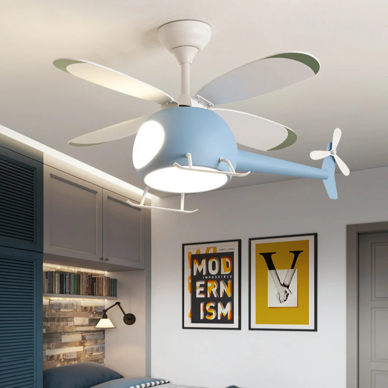 Helicopter Lamp Chandelier Children's Bedroom Blue Pink Ceiling Fan Aircraft Light Study Girls Boys Kids' Room led lights