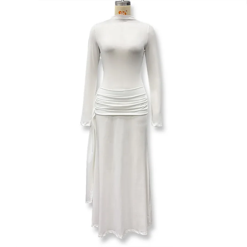 Patchwork Gerafftes Bandkleid für Damen Sexy Rollkragen Elegantes Hochgeschnittenes Abendkleid mit Langen Ärmeln – Detail 10