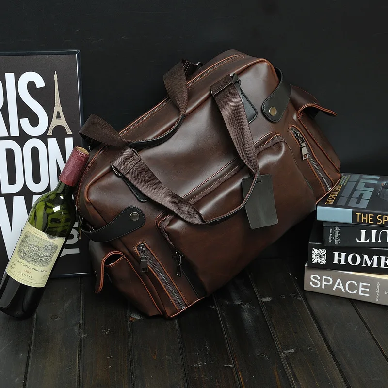 Retro casual wear-resistant PU leather large capacity 14 inch computer multi-pocket men's hand carry shoulder luggage travel bag