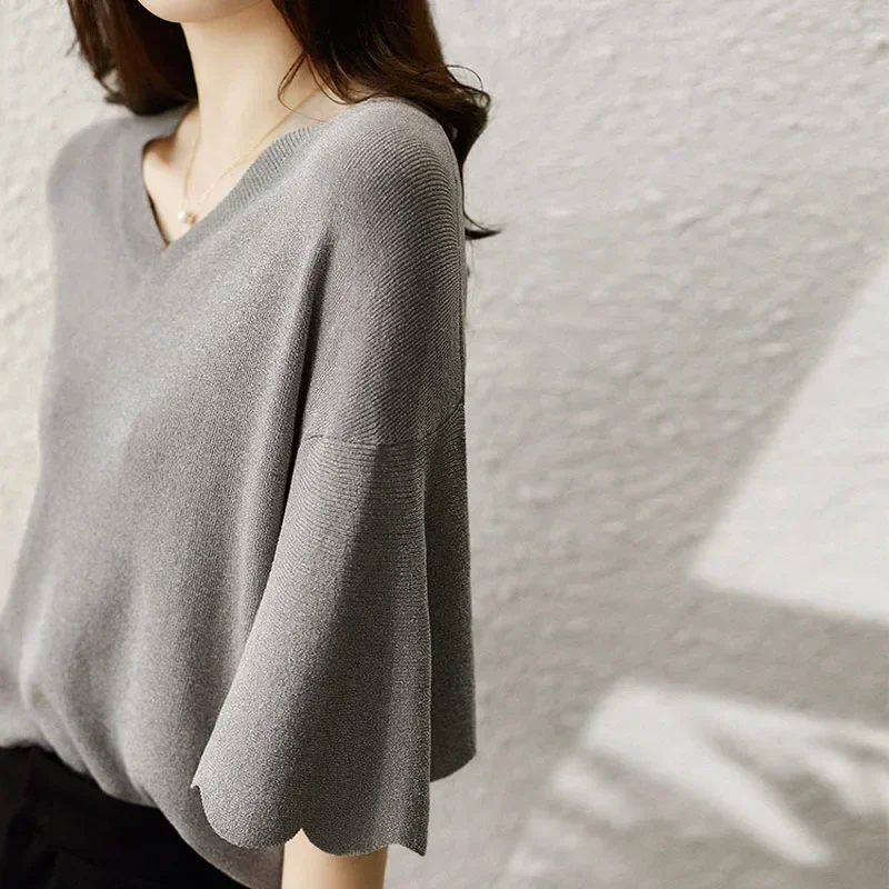 New Women\'s Summer Casual Knitting Shirt Short Sleeve V-neck Woman Tops Loose Ice Silk Women Blouse Gray Lady Clothes 14799