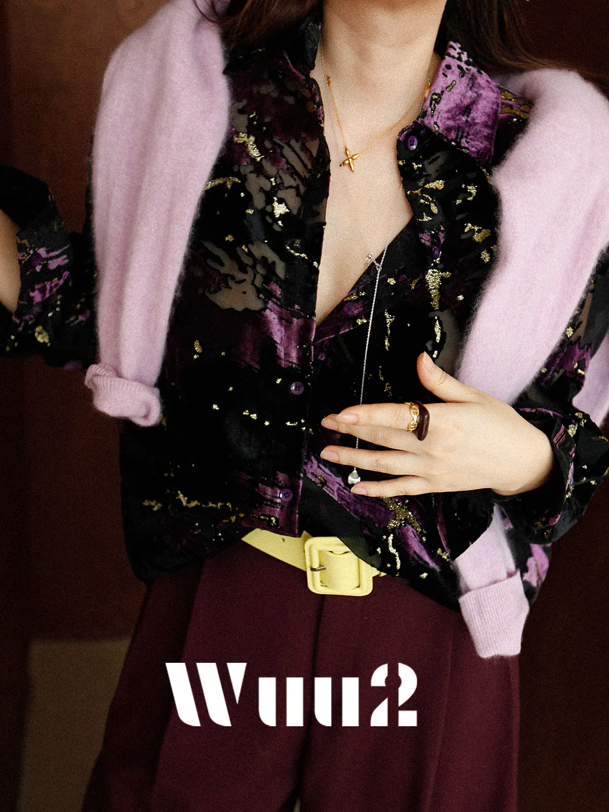 

Wuu2 Agnes Velvet irt Women's Unique Beautiful Artistic Gold Eming Purple Velvet Long Sve Loose Fit Casual Top