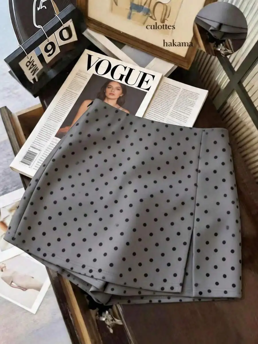 

Gray Polka Dot A-Line Skort With Front Slit And High Waist For Casual Office Wear