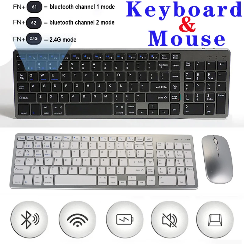 2.4G/Bluetooth Connect Ultra Slim Wireless Keyboard & Mouse Set for Mac OS/iOS/iPad MacBook Type-C Micro Rechargeable Key Board