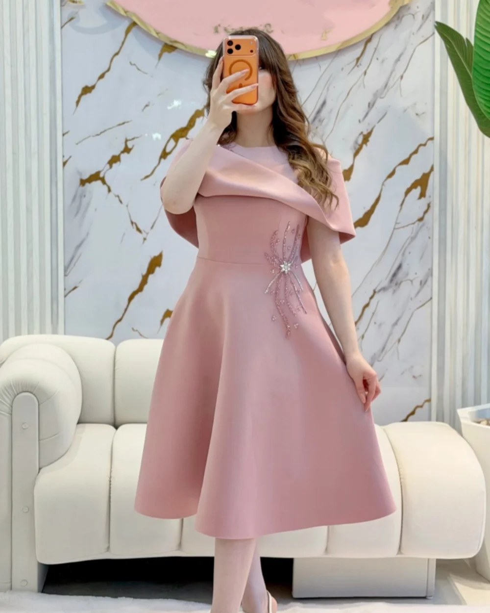 

Customized Elegant Women Jersey Rhinestone Beading A-line Evening Dress Fashion O-Neck Sleeveless Tea Length Dresses Party Gowns