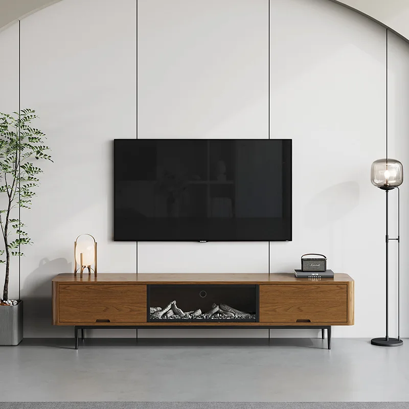 Walnut Color Vintage Style Built in Electric Fireplace Floor Standing TV Stand Simulated Flame Decorative Floor Cabinet for Home