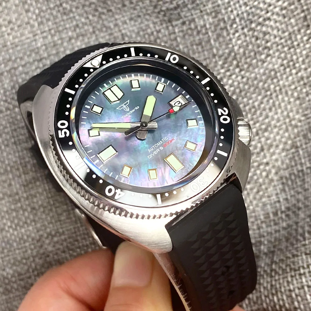 Tandorio NH35 Mother of Pearl Shell Dial Watch for Men Captain Steel Mechanical Diving 30Bar Silicone Strap Diving Lume Clock