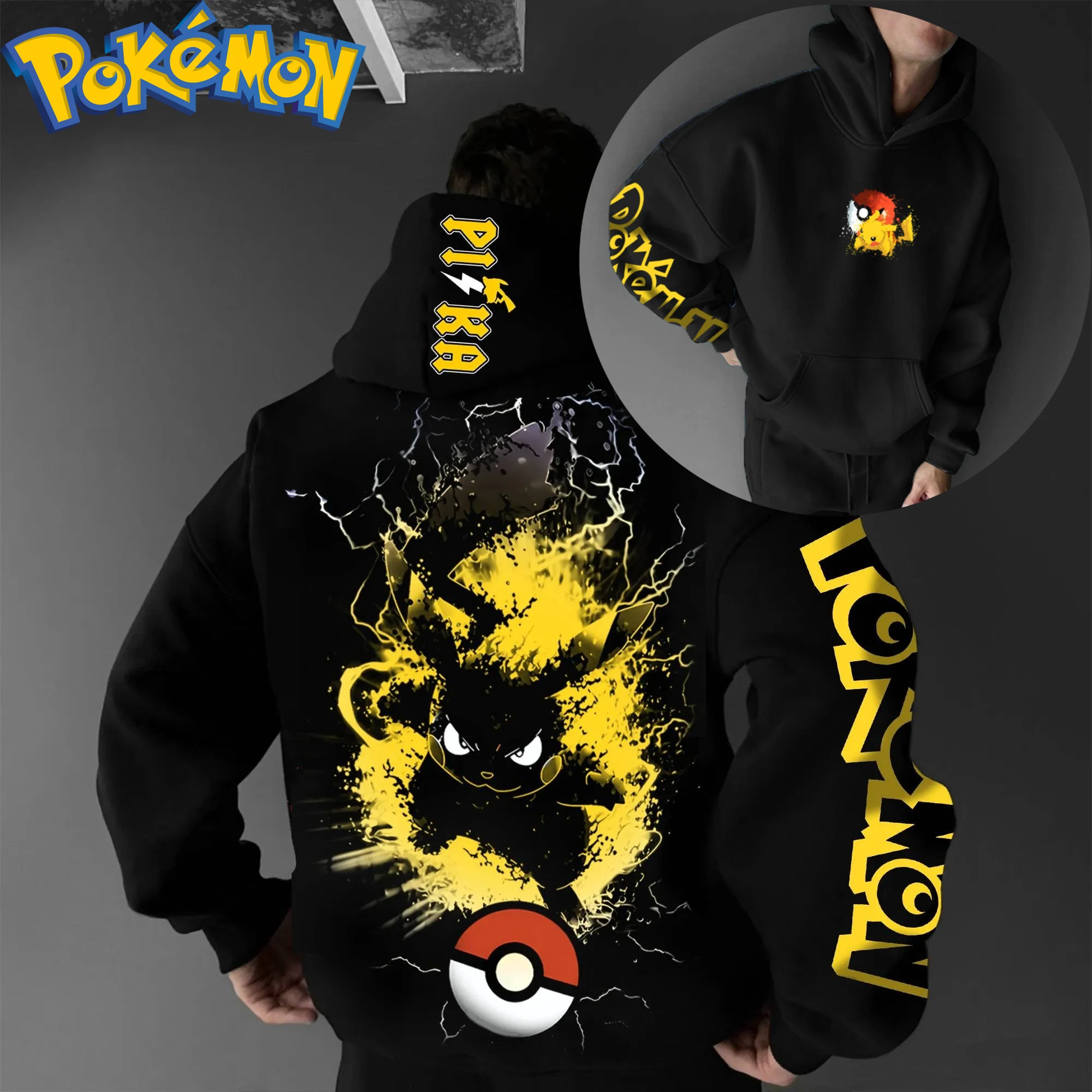 

Хлопковая толстовка с капюшоном в стиле Харадзюку в стиле аниме «Покемон Пикачу», черный комплект с принтом персонажей и рисунком шара-молния, наряд из двух предметов