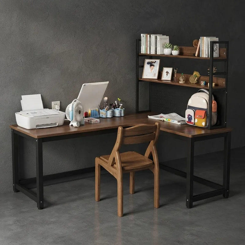 # Shaped Corner Desk with Bookshelf Computer Gaming Table for Home Office Study European Integrated Furniture Sturdy Workstation