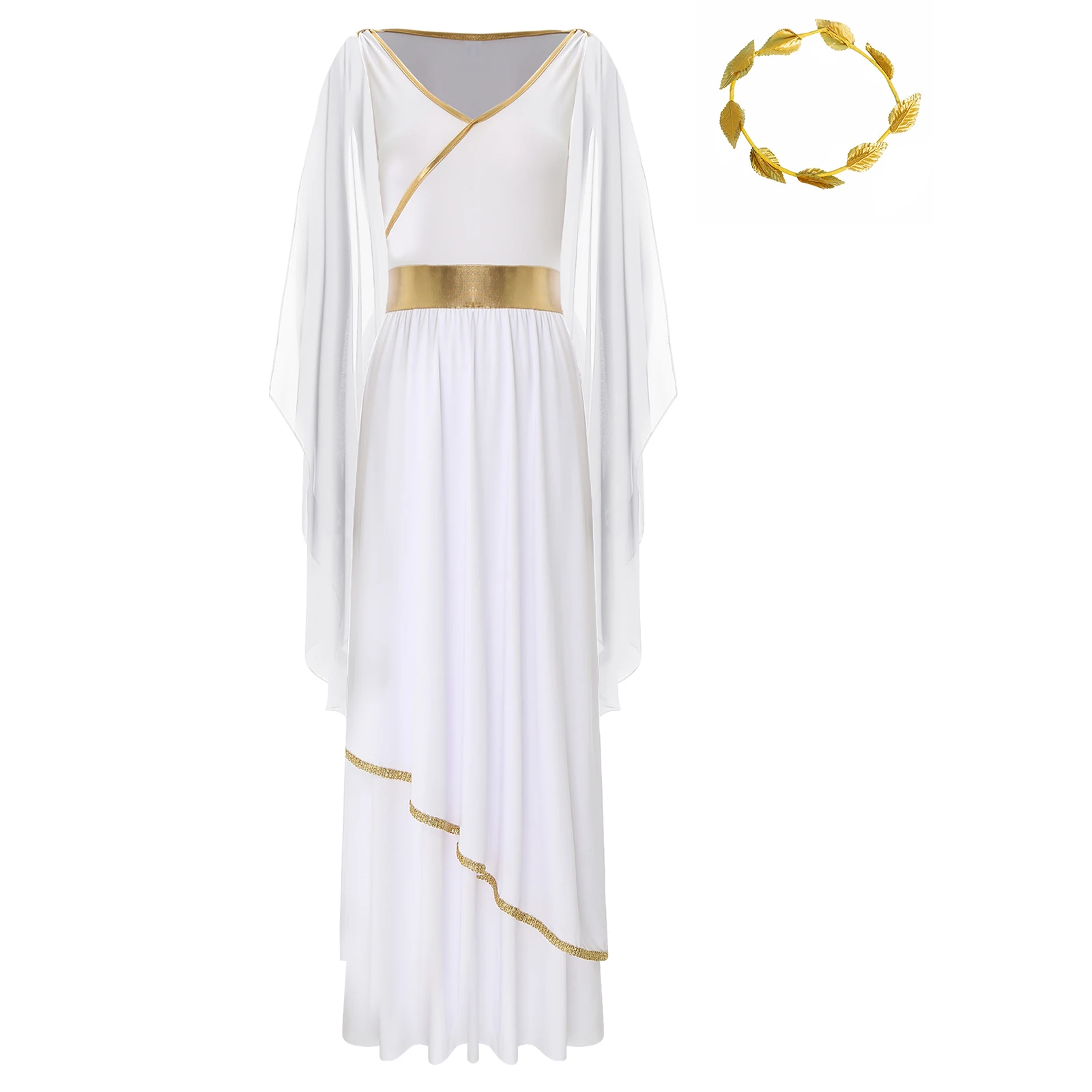 Women Ancient Greek Roman Athena Goddesses Queen Cosplay Dress Church Worship Gown Cape Toga with Headwear for Halloween Party