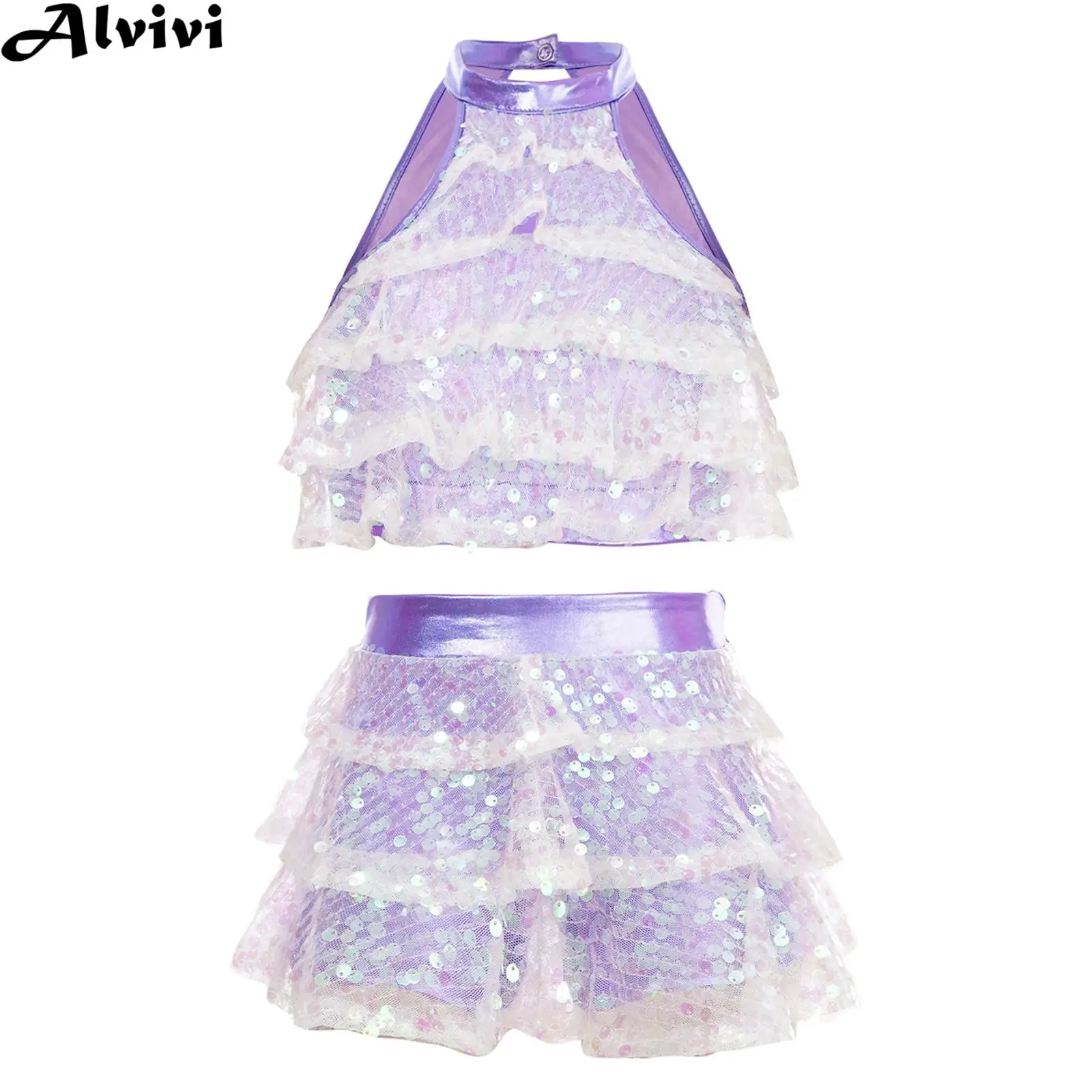 

Kids Girls Jazz Latin Street Dance Performance Outfit Sleeveless Shiny Sequin Crop Top with Culottes for School Party Show
