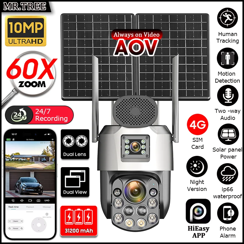 

HiEasy 4G Home Outdoor Solar Surveillance Cameras 4K 60X Optical Zoom Auto Tracking 31200mah AOV 24/7 Recording PTZ Security Cam
