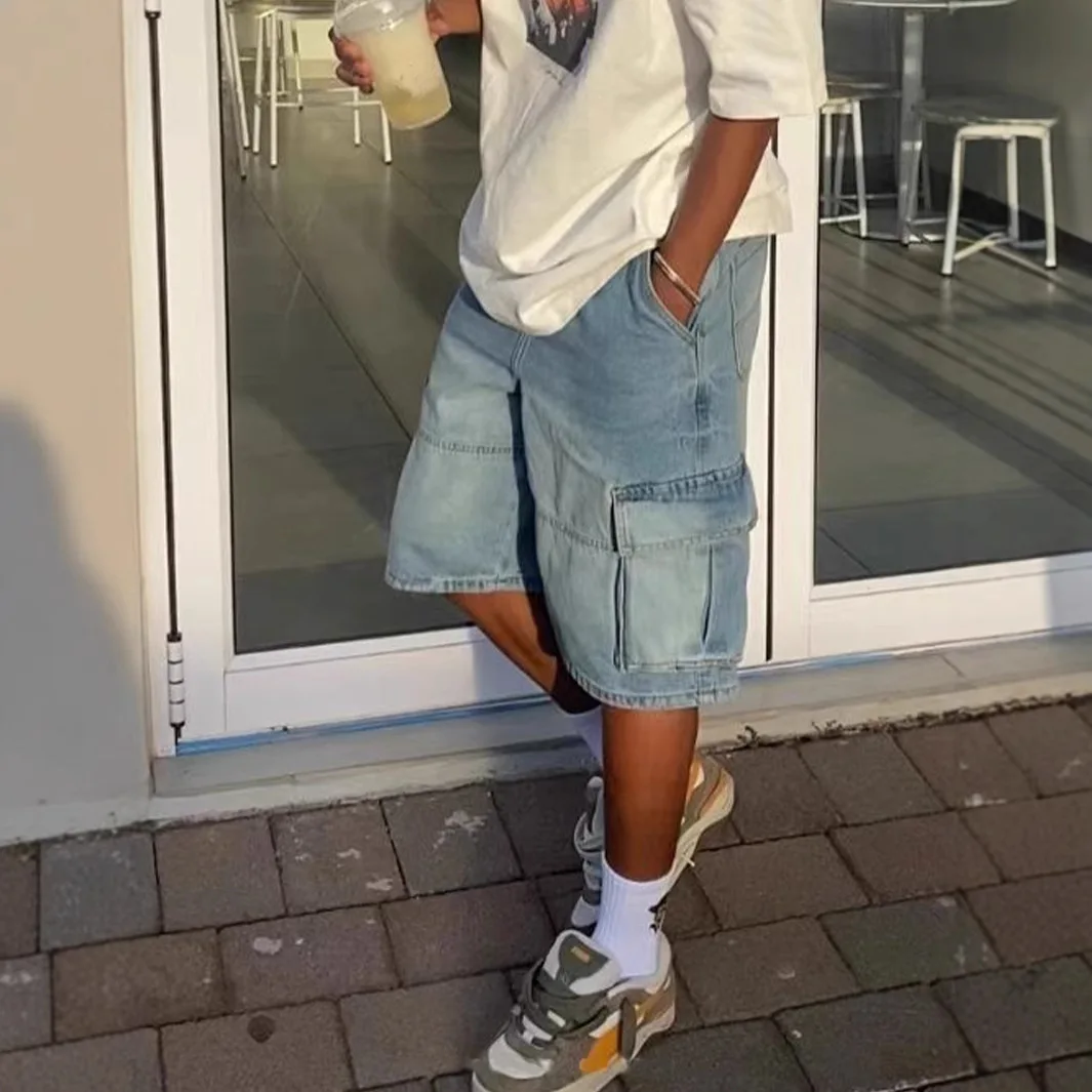 Short en jean pour hommes, pantalon Cargo droit, taille moyenne, poches multiples, délavé, Streetwear, longueur aux genoux, été 2025