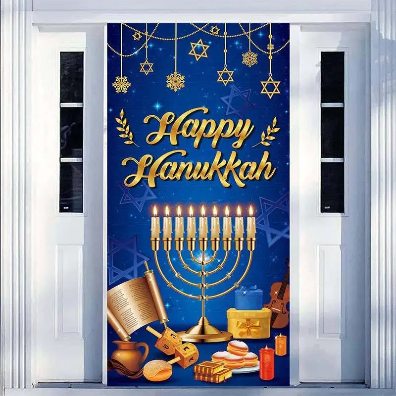 Jewish Candle Holder Hanukkah Happy Door Curtain  Family Friends Indoor Outdoor Party Menorah Background Decoration Props