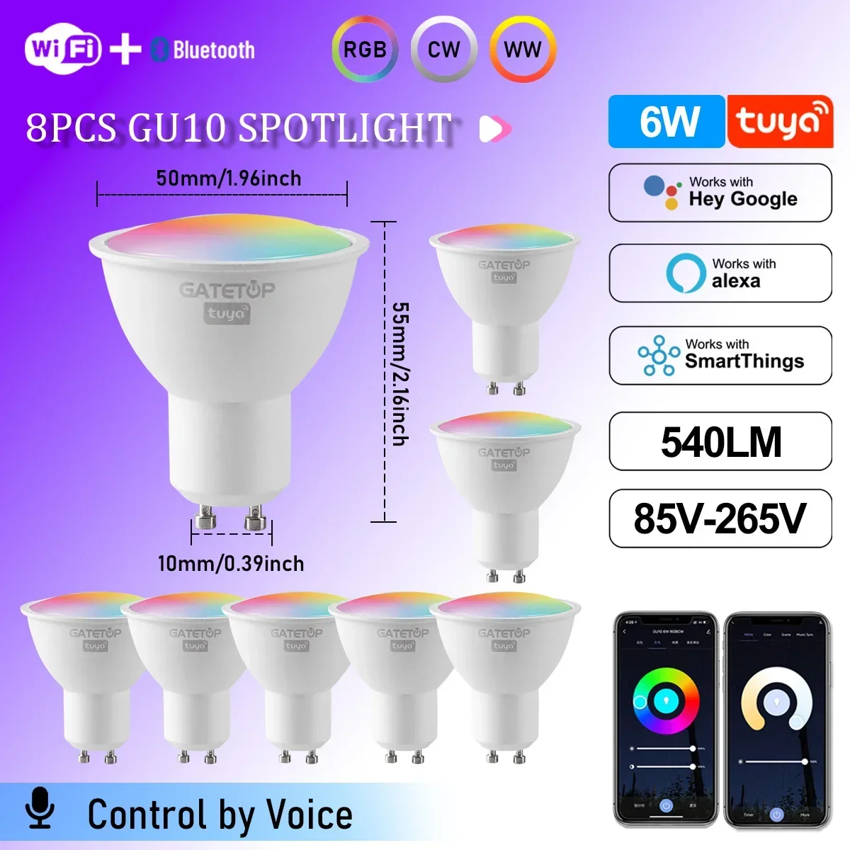 1-10PCS Tuya WiFi GU10 LED Spotlight Slimme Gloeilamp Dimbaar 1-100% Lampen Smart Life App Controle Werkt met Alexa Google