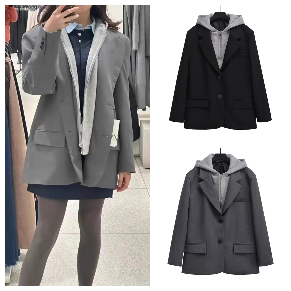 European and American style hot girl retro autumn new women's hooded suit jacket female fashion trend fake two-piece versatile c