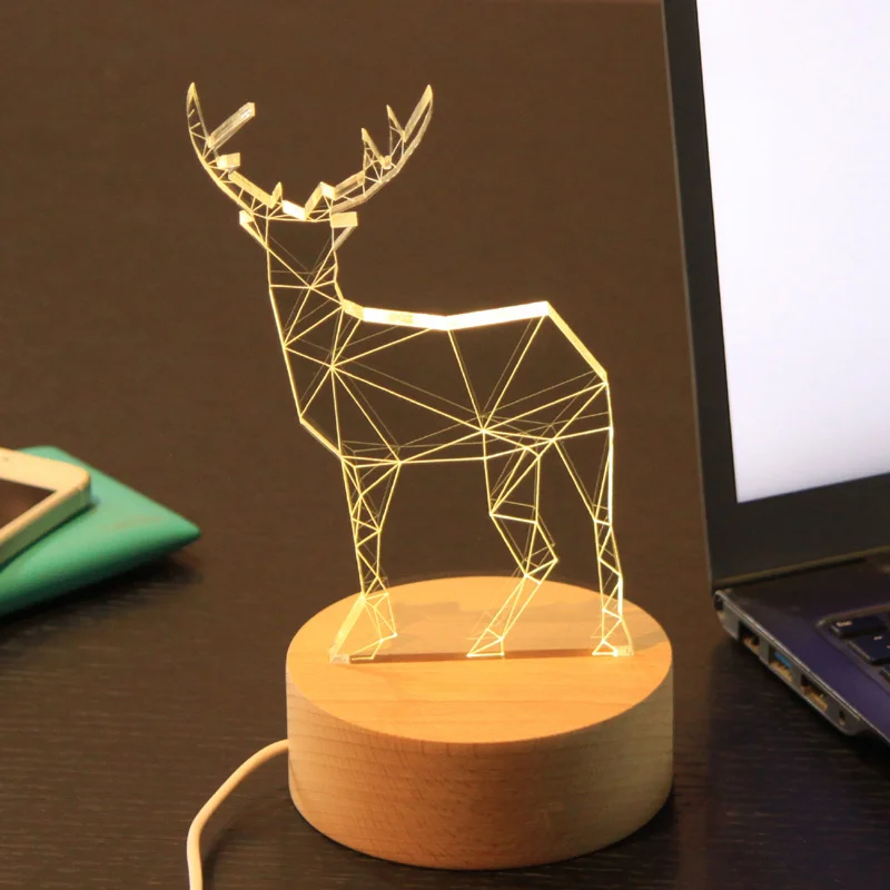 3d Deer Wooden Desk Lamp Elk Creative Table Lights Handcraft Led Night Light Bedroom Christmas Toy Gift Usb Plug