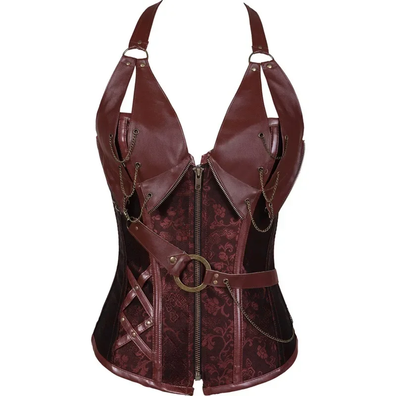 

FC6Adult Medieval Viking Pirate Costume Women Gothic Knight Corset Halloween Cosplay Steampunk Leathter Halter Vest Metal C@FC8！