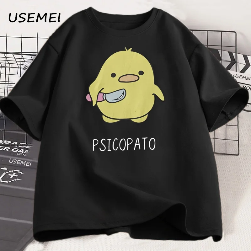 Camiseta con estampado de patito amarillo y diseño de cuchillo y lengua, unisex, estilo urbano, informal, de manga corta, holgada, moderna, con estampado de dibujos animados