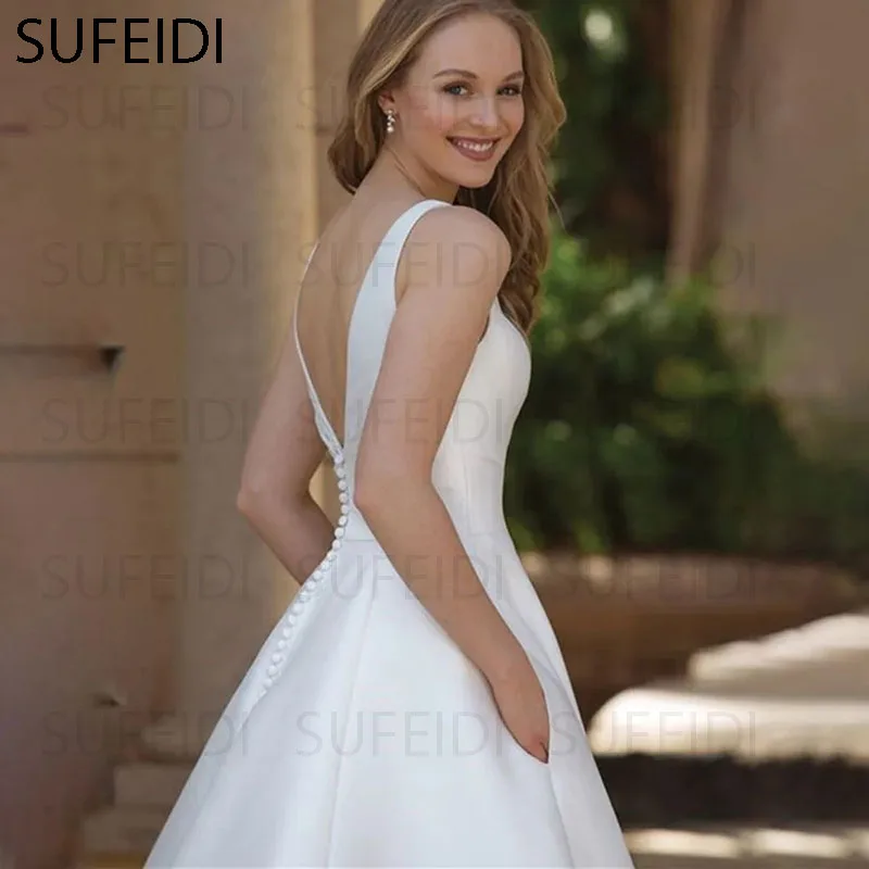 IMANKA abito da sposa da sposa semplice con scollo a V in raso e strascico increspato senza maniche