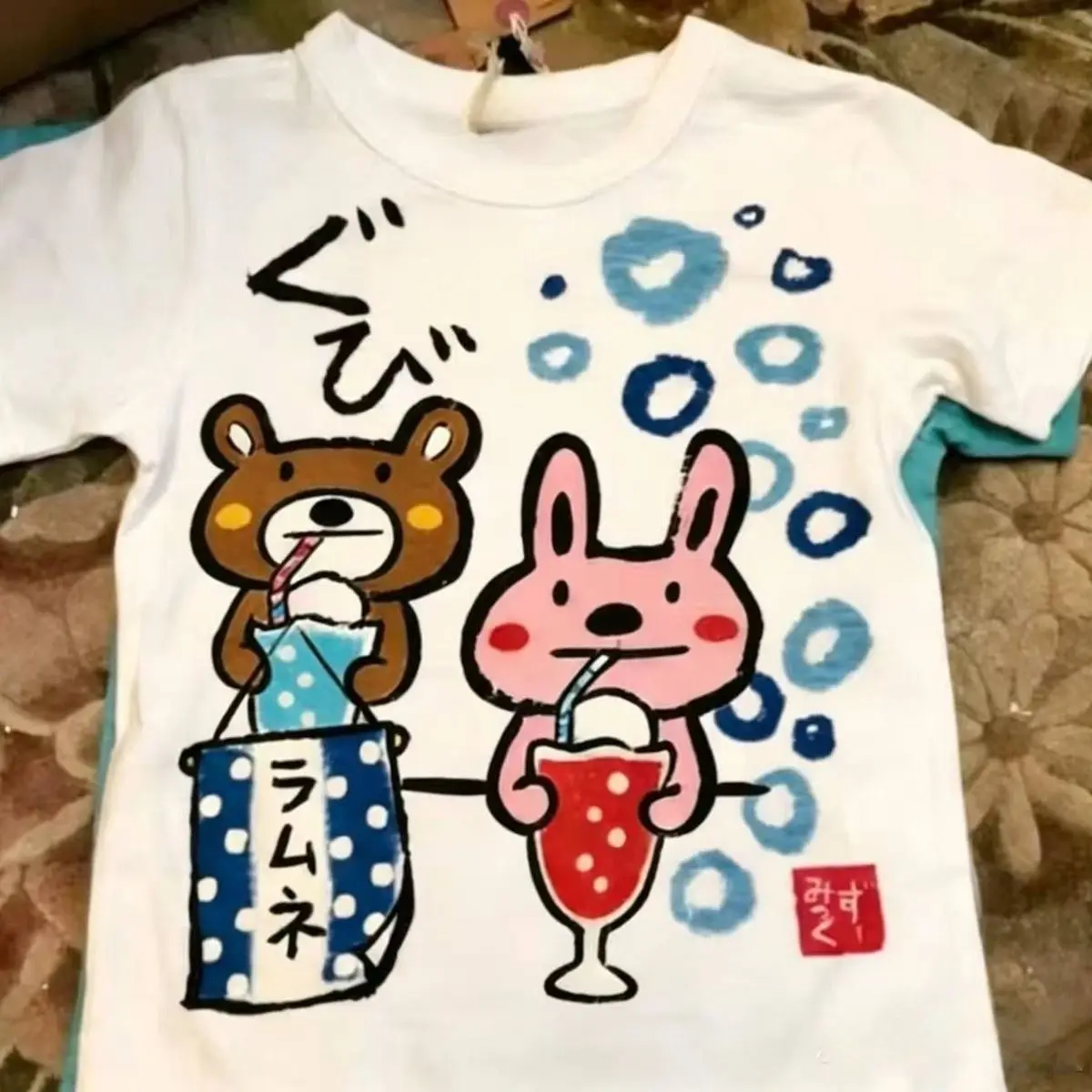 2000s Grunge Sweet Cotton Short Sleeve T-Shirt Japanese Hand Drawn Cartoon Print Bear Rabbit Panda Animal Graphic Kawaii Tees