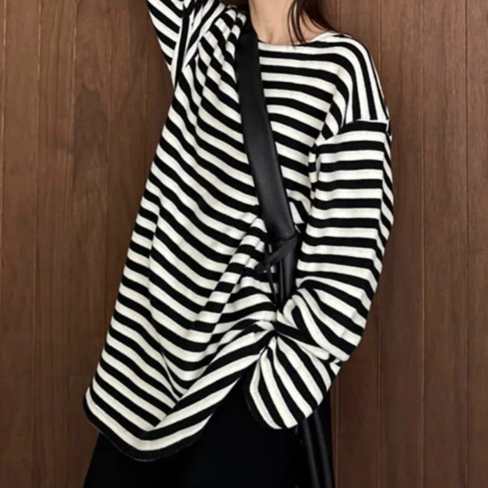 Kuzuwata Vintage Casual Loose Knit Stripe Pull Femme All-match Mid-length Undershirt Japan Raglan Sleeve Harajuku Minority Tops