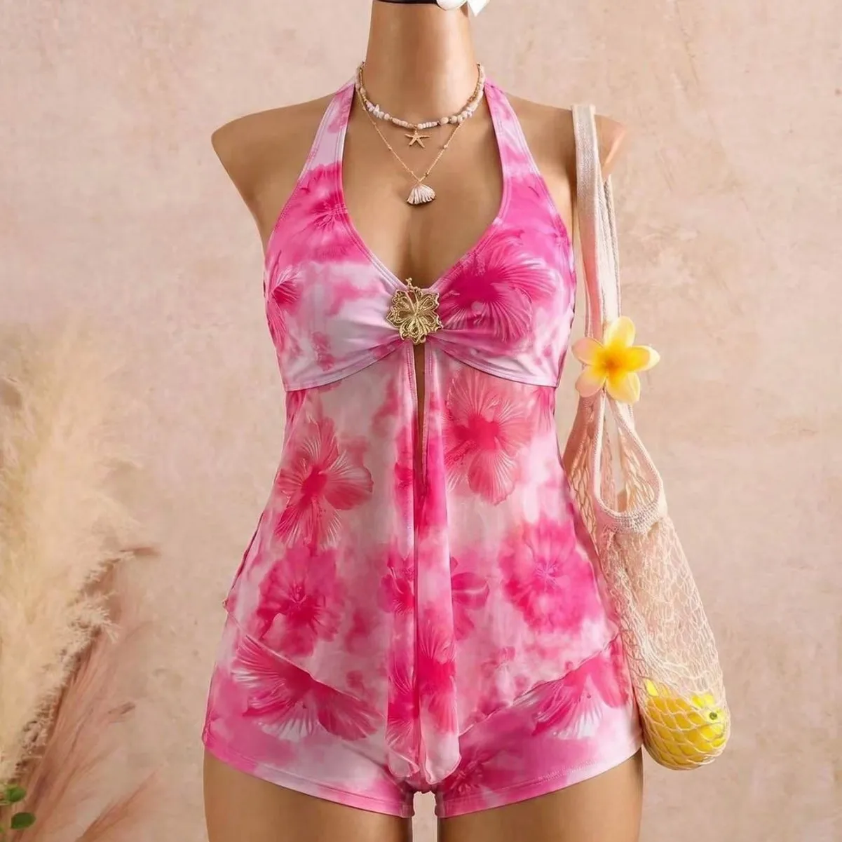 Women 2 Piece Skirted Bikinis Set Swimsuit Print Halter V Neck Metal Buckle Tummy Control Conservative Bathing Suit Swimwears