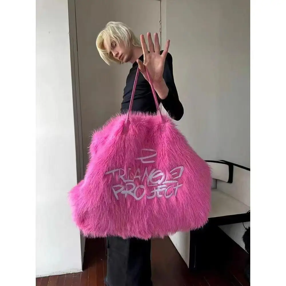 

European and American fashion hand bag handbag shoulder tote bag women's pink embroidered plush portable tote bag