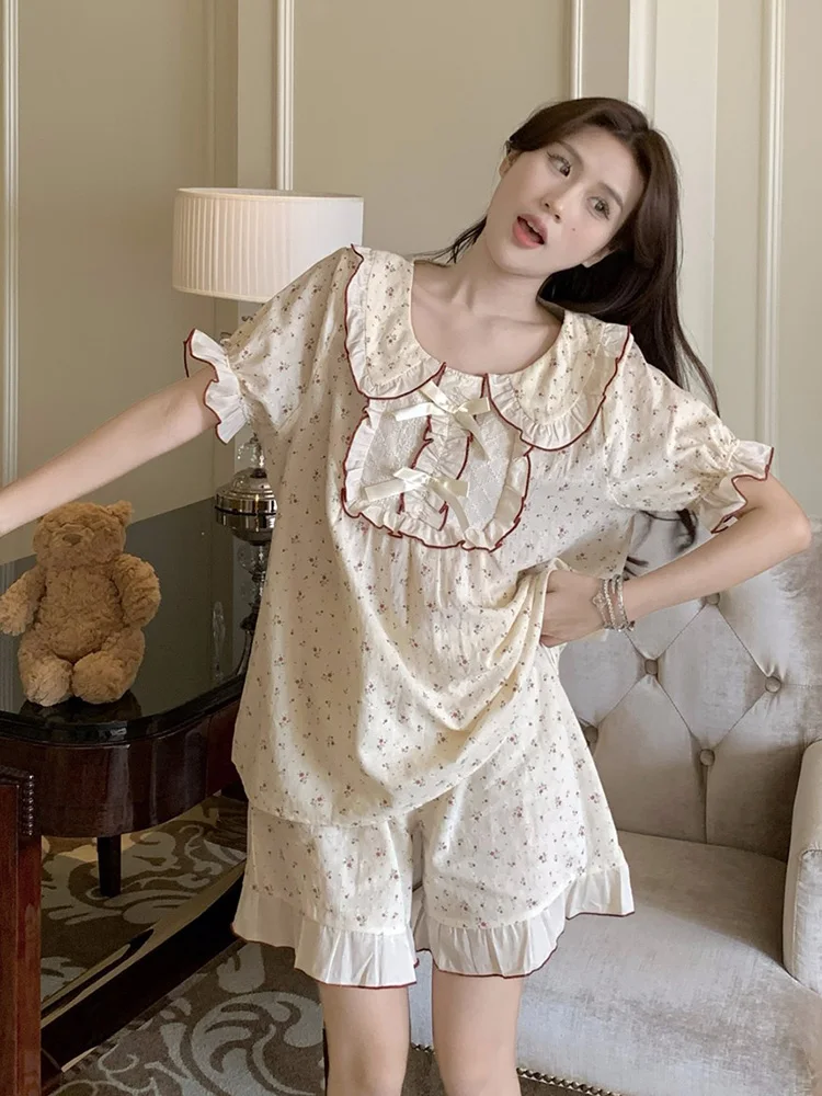 Soft Floral Doll Collar Summer Short Sleeve Shorts Print Pajamas Set Women Korean Cute Sleepwear  Two Piece Set Casual Elegant