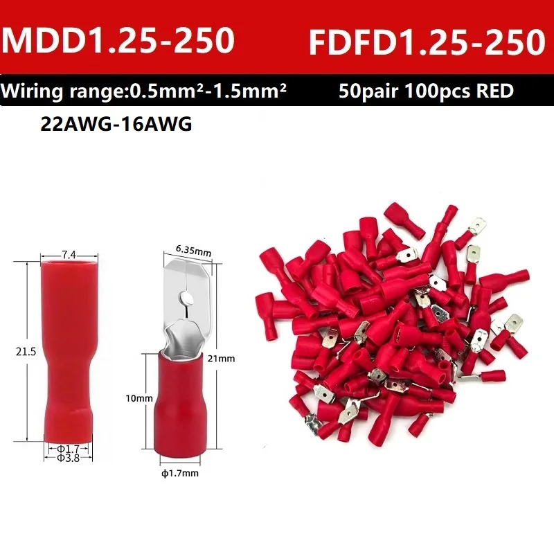 100 Stück 50 Paar weiblich männlich elektrische Verkabelung Stecker isolierte Crimp Terminal Spaten rot