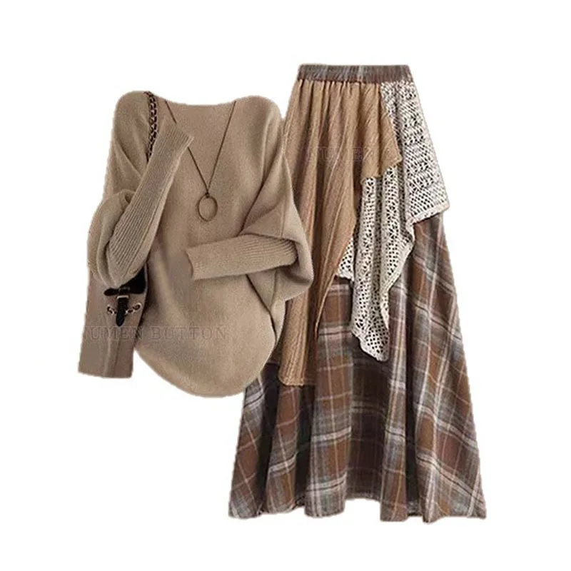 

Retro Plaid Patchwork Set for Winter Light and Mature Style Knitted Sweater Design, Irregular Half Skirt, Slimming Two-piece Set