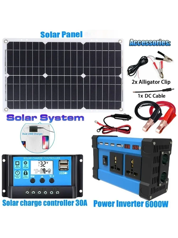 All-in-One-6000-W-Solargenerator: 600-W-Panel + MPPT-Controller und Dual-Spannungswechselrichter (110 V/220 V) für Zuhause, Wohnmobil und Camping