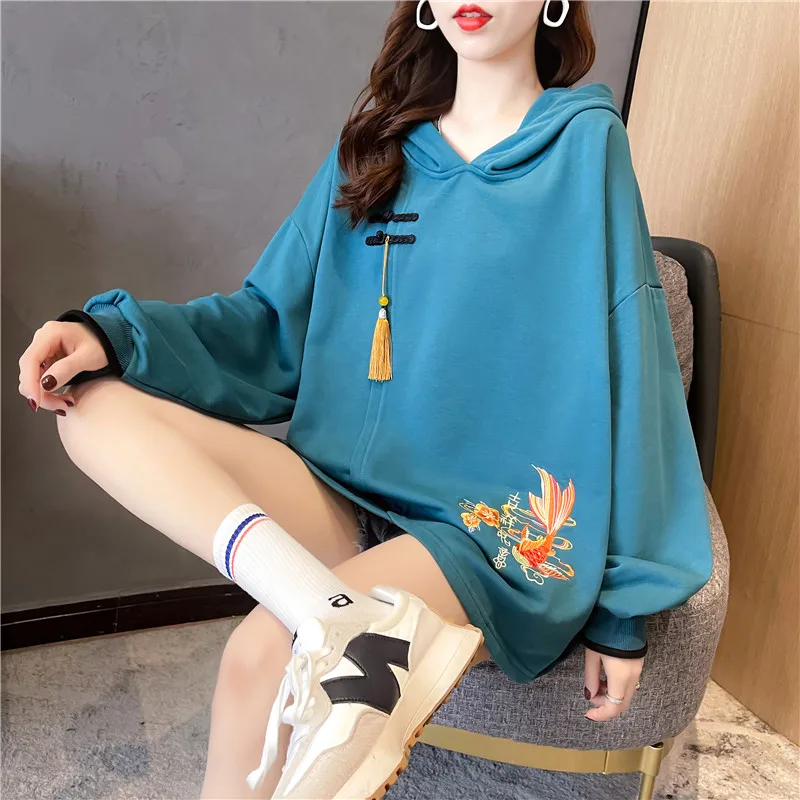 Hoodies Sweatshirts Women Tops Chinese Knot Button Tassel Embroidery Loose Baggy Elegant Female Autumn Winter Chic Temperament