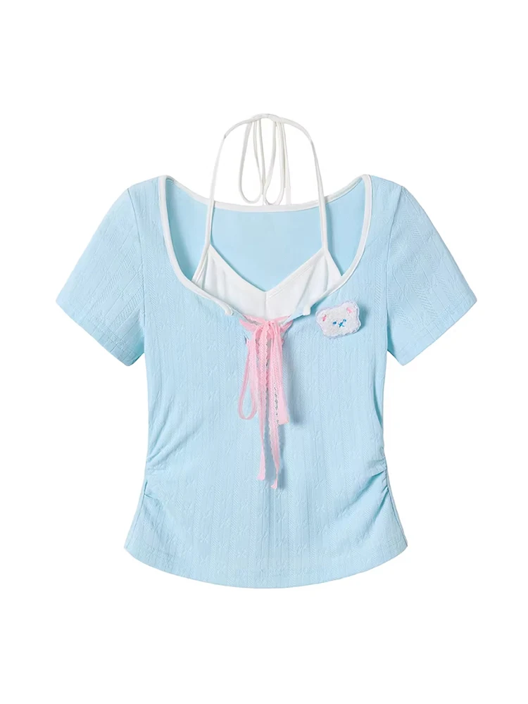 Sweet Dopaamine Women's Summer Short Sleeve T-Shirt And Halter Neck  Skirt Two-Piece Set Pastel Checkered Print Office Ca... view 5