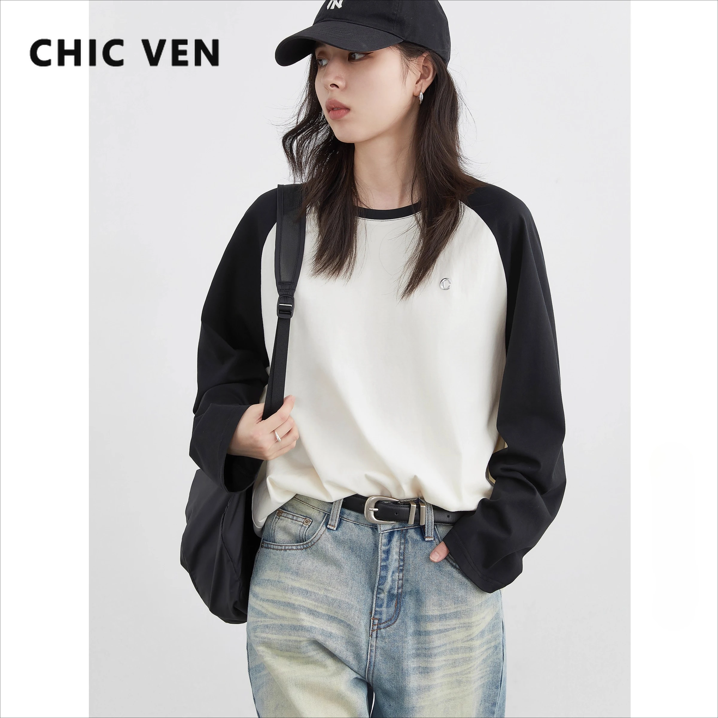

CHIC VEN корейские женские футболки с длинными рукавами, свободные повседневные контрастные реглан с круглым вырезом, женские пуловеры, футболки, весна-осень 2025