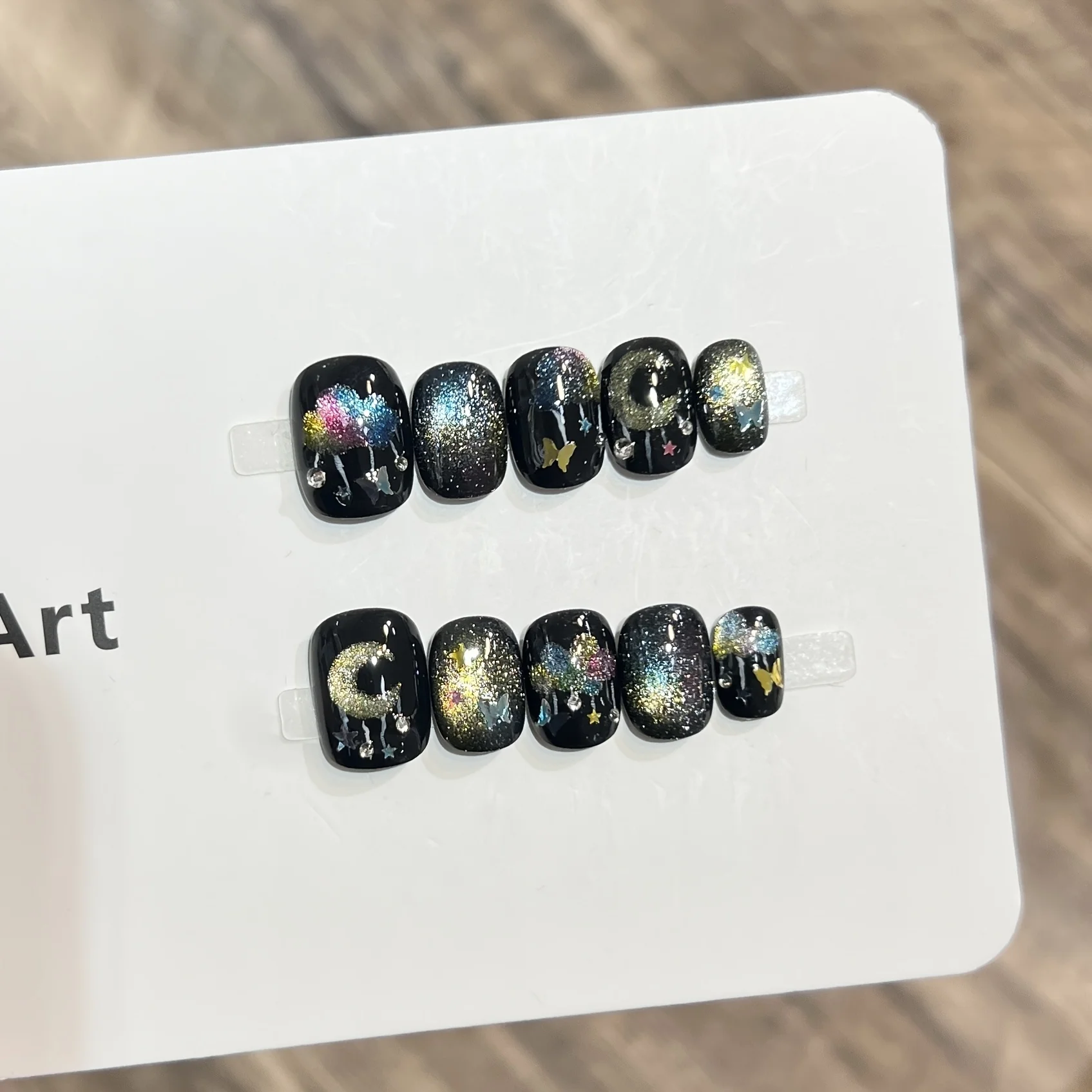 

10pcs Handmade Press on Nails Dark Starry Sky Rainbow Cat's Eye False Nail for Women&Girls Detachable Wearable Fake Nail Gifts