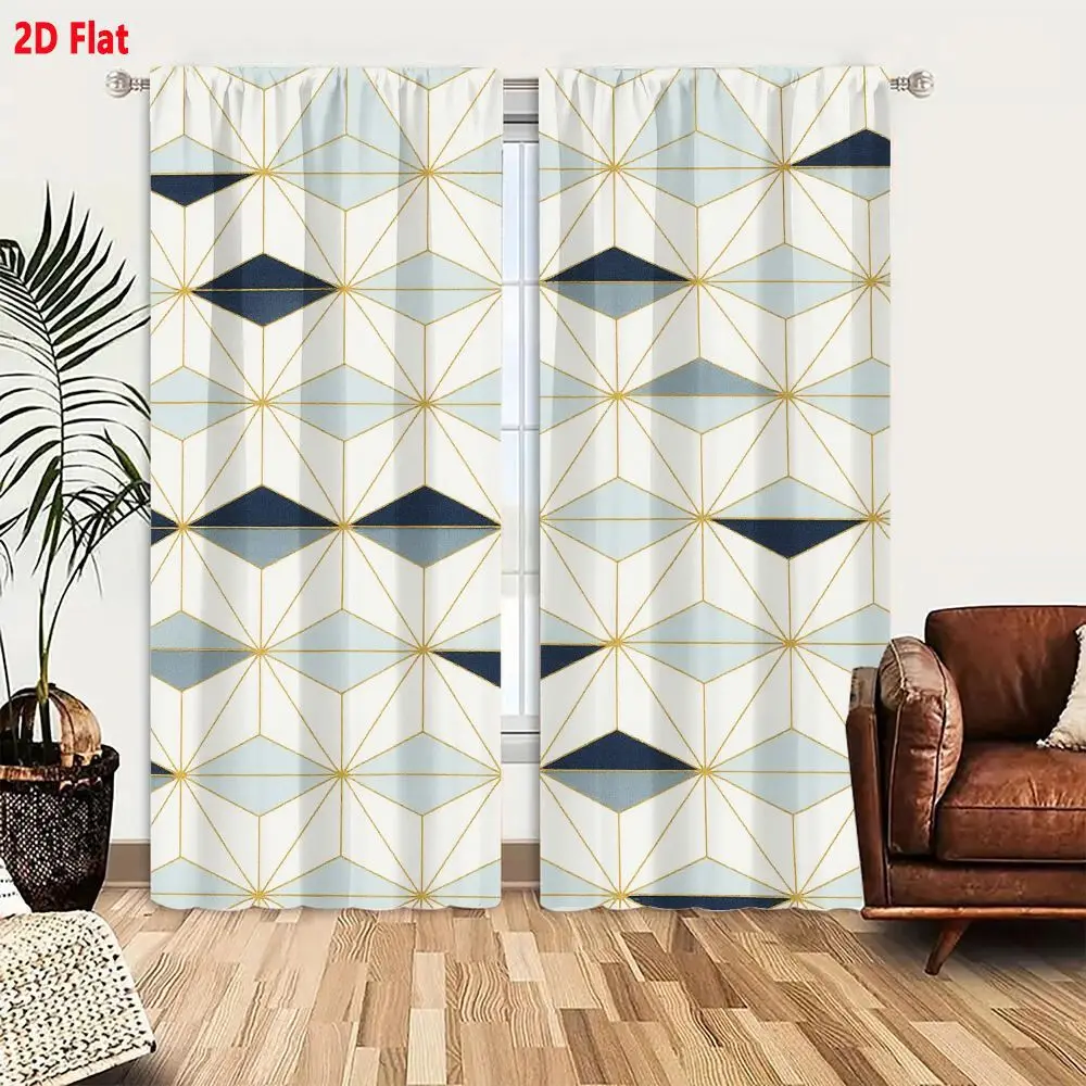 2Pcs Curtains Add 2D Flat Art Deco Seamless Geometric Pattern With Gold Grid And Blue Shapes On Cream Background Window Drapes f
