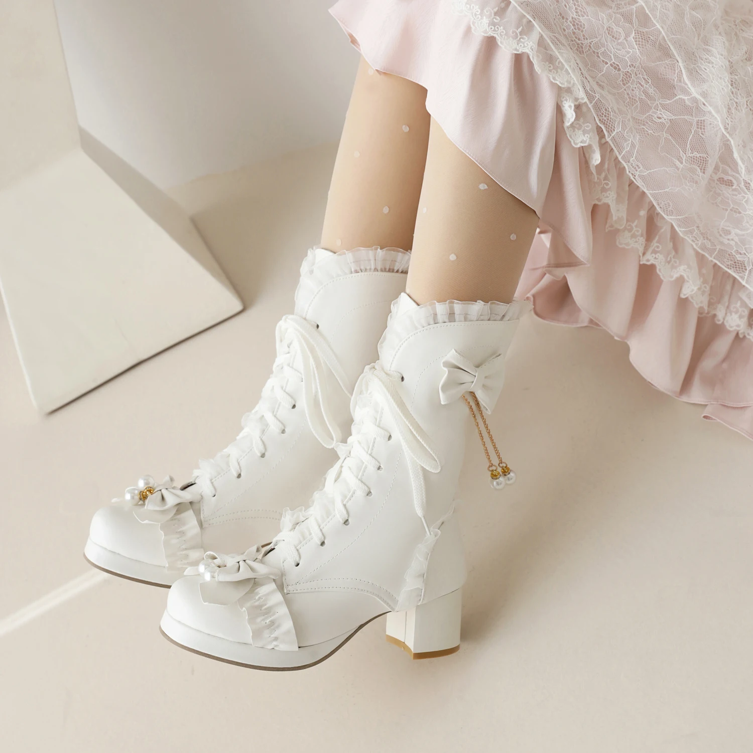 

White Women's Korean-Style All-Match and Cute Bow Lolita Mid-Calf for Women Soft Girl High Heel Shoes Winter