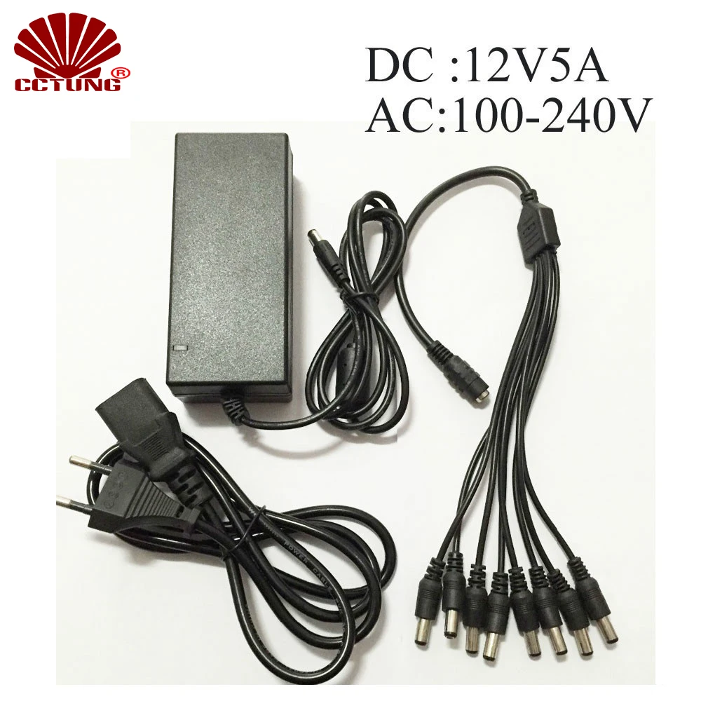 

AC 100V--240V to DC 12V 5A Power Supply Adapter + 8 Split Power Cable for Analog AHD TVI CVI CCTV Security Camera DVR Systems